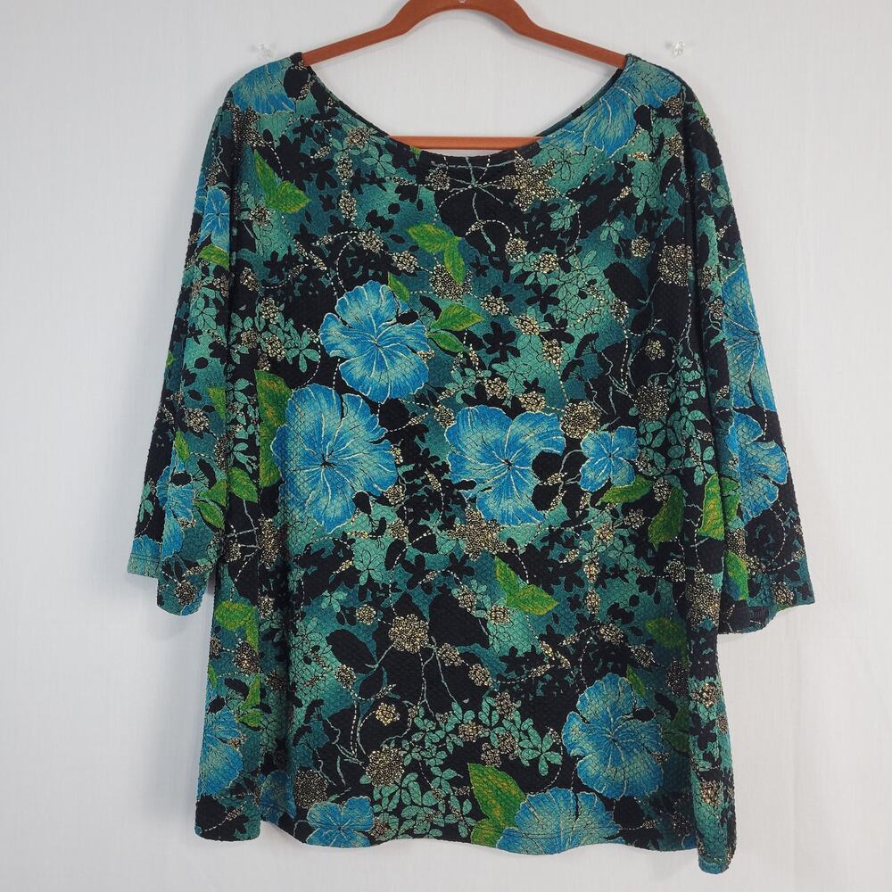 Vtg Dark Floral Textured Top sz 3X Black Multi Shimmer 90s Y2K Fairy Grunge USA
